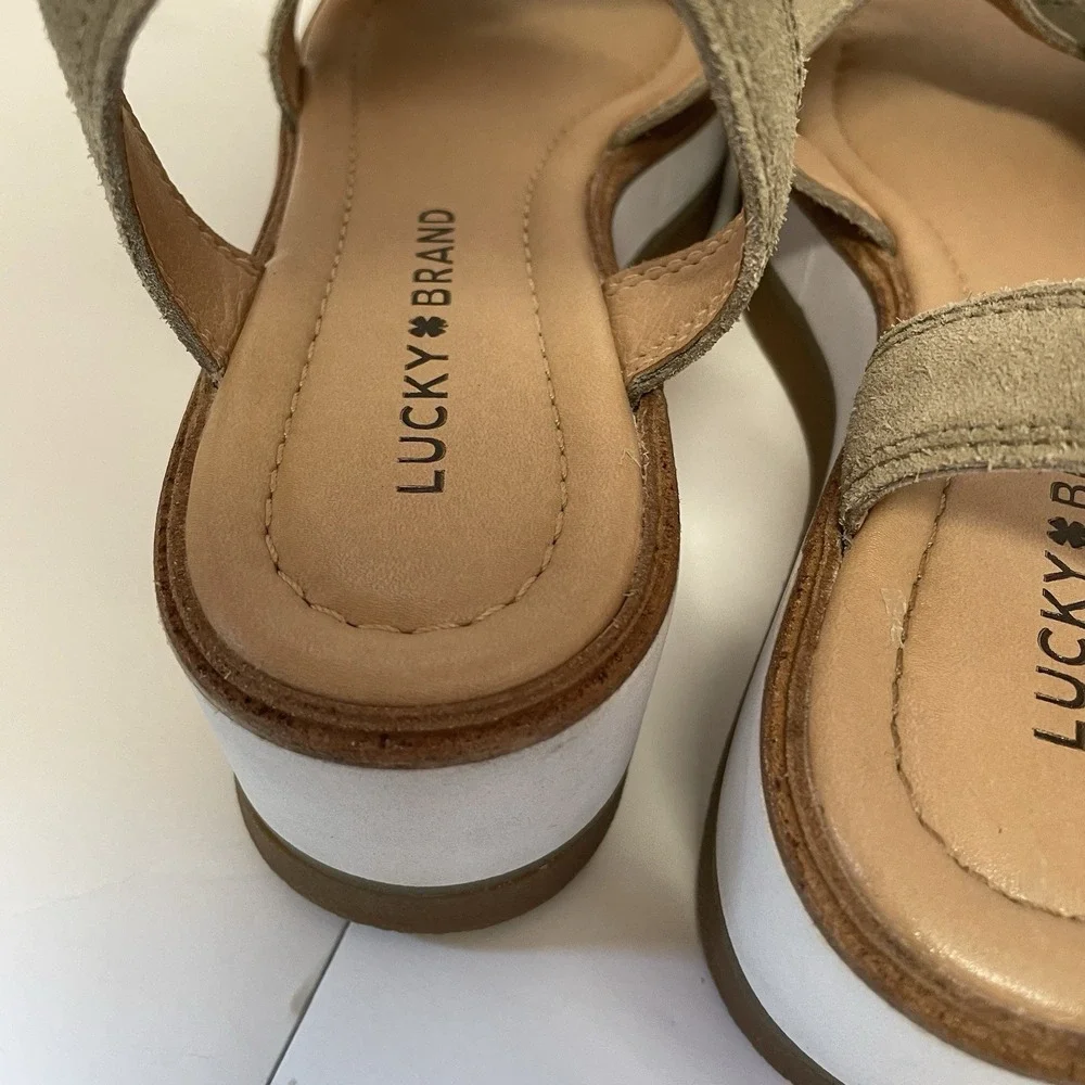 Lucky Brand Suede Wedge Platform Sandal Size‎ 8.5 Tarhi Olive Green Brown Whit